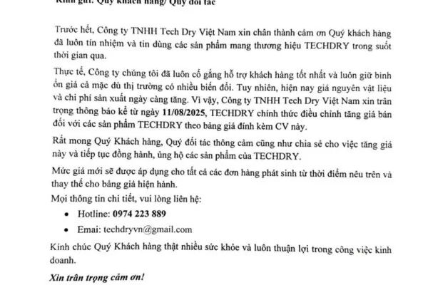 Điều Chỉnh Giá Bán Sản Phẩm Tech Dry